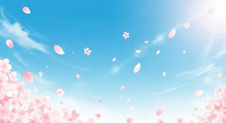 Warm Spring Blue Sky and Cherry Blossom Illustration Background with Copy Space for Graduation, New Job, Moving and Spring Sale Promotion