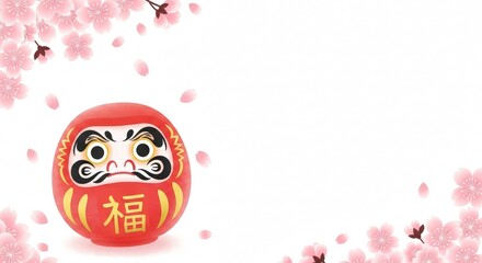 Spring Celebration with Sakura and Lucky Daruma Illustration｜Japanese Good Luck Symbol for Graduation, New Job and Moving