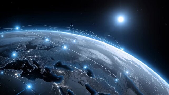 Global satellite network over Earth with glowing connections showing digital communication, data transfer, and worldwide connectivity