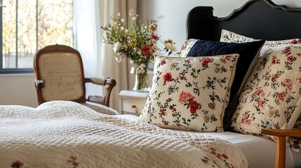 Cozy bedroom interior with floral bedding and pillows near a window