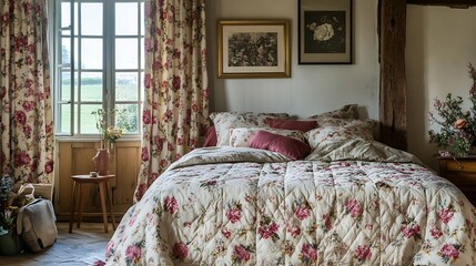 Cozy bedroom interior with floral bedding curtains and natural light