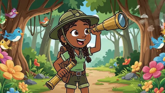 Adventurous Explorer Girl Cartoon in Lush Forest Illustration.