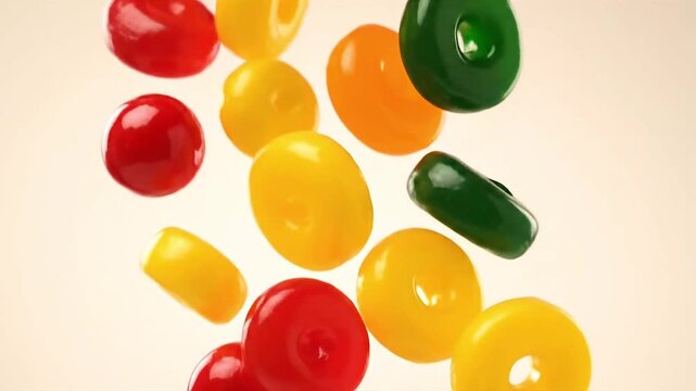 Colorful hard candies falling in clean minimal space, 4k studio shot