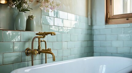 Elegant bathroom interior with bathtub brass faucet and decorative elements