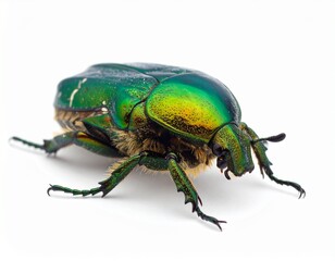 Vibrant Green Beetle - Detailed Macro Shot on White Background.