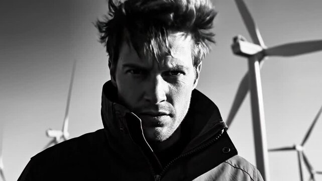 A man in a black jacket stands in front of wind turbines
