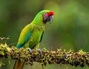 Naklejka premium Vibrant Green Military Macaw Perched on a Mossy Branch in Natural Habitat.