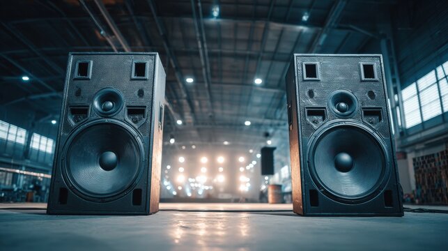 Large PA Speakers Set up on Stage for an Event in an Industrial Venue With Minimal Design and Lighting Effects at Night