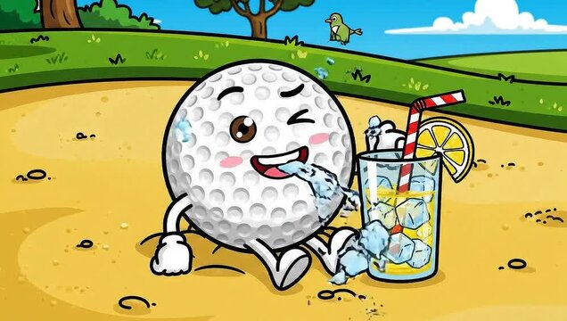 Golf Ball Cartoon Character Relaxing with Drink in Sand Trap.