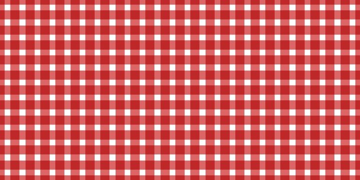 Red and white gingham pattern background. Classic checkered picnic tablecloth texture. Seamless fabric design for kitchen, food, and summer themes.