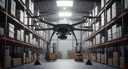 Fototapeta premium Industrial Drone Flying in Modern Warehouse Interior with High Shelves
