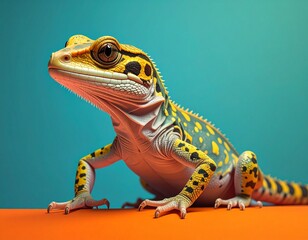 Obraz premium Vibrant Lizard Posing on Orange Surface with Teal Background.