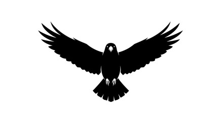 Obraz premium Silhouette of a black crow with wings spread wide against a white background, symbolizing freedom and power.