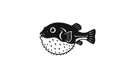 Pufferfish Black and White Linocut Illustration Icon.