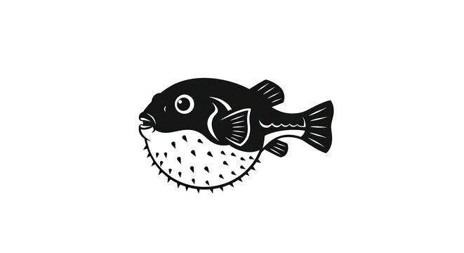 Pufferfish Black and White Linocut Illustration Icon.