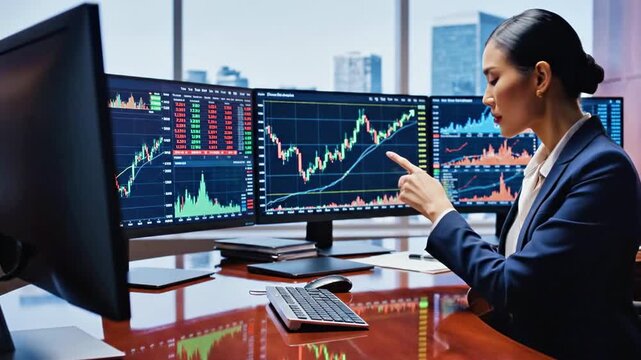 A woman in a blue suit sits at a desk with multiple computer monitors displaying various colorful graphs and charts, pointing at one screen