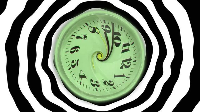 A clock warping in a circular motion and shifting color hues against a circular hypnotic black and white melting background.