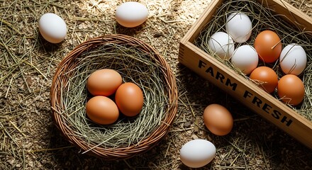 Fresh Eggs in Nests and Crate.