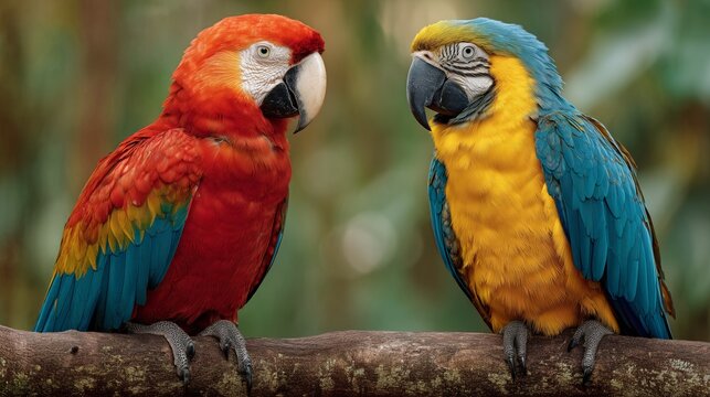 colorful parrot pair facing each other on tree branch