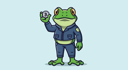 Obraz premium A cartoon frog wearing a blue jumpsuit holds a coin in its raised hand against a light blue background with a simple composition.
