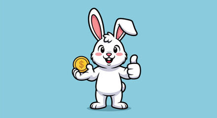 Fototapeta premium A cheerful cartoon rabbit holding a gold coin and giving a thumbs up on a light blue background with a playful mood.