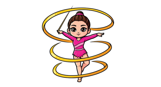 A cartoon girl in a pink gymnastics outfit spinning with a rhythmic gymnastics hoop on a white background.