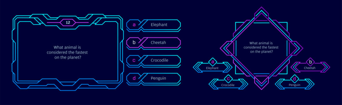 Neon futuristic game question quiz with glow interface frame, question box, answers and highlights. Vector ui template for video games, educational apps, streaming overlays and interactive trivia