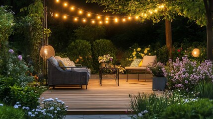 Evening garden scene with string lights above wooden deck and seating