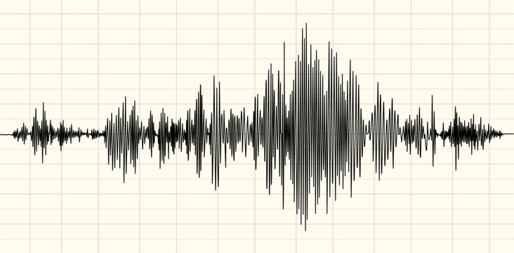Earthquake seismograph wave. Detailed vector seismograph jagged line recording seismic activity, set on a calibrated grid. Earthquake detection, vibrations, and seismic measurement for education
