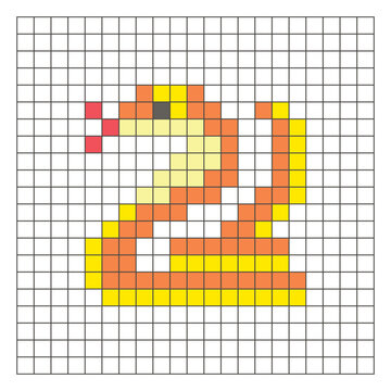 A flat pixel design made of geometric square color blocks on a clean grid layout. Pixel art cobra