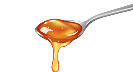 Fototapeta premium A spoon with a small amount of golden, sticky honey dripping from it, against a clean white background with a minimalist composition.