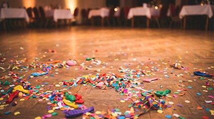 Colorful confetti and deflated balloons scattered on a wooden dance floor after a party. Aftermath of a joyful celebration or event.