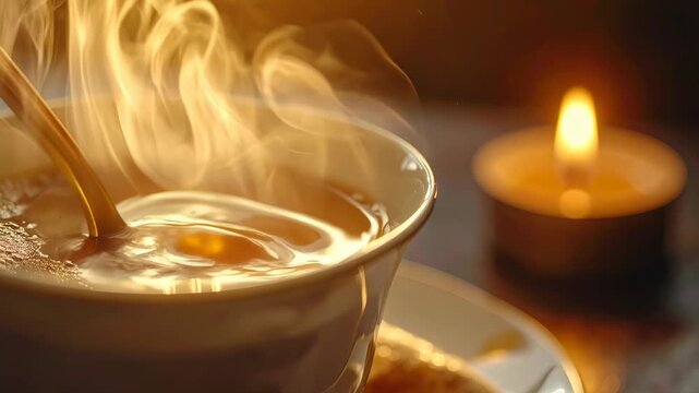 Cozy cafe in winter with hot soup steam rising from warm bowl and spoon beside candle flame light creating peaceful quiet atmosphere for calm reading gentle comfort relaxation time enjoyment