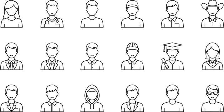 Set of professional user avatar icons featuring various occupations and characters in thin line art style for web interface