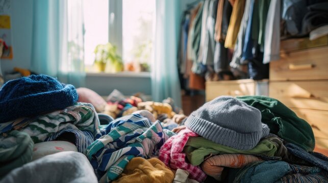 Cluttered bedroom with clothes scattered on floor near open closet and bright window light, concept of laundry mess and cleaning routine, chaos at home, cleaning up and structuring home space