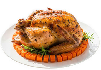 Roasted chicken on a plate with carrots and herbs isolated on transparent background