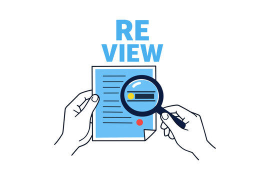 Document review concept with magnifying glass and hands