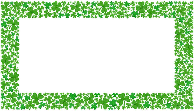 Shamrock clover frame for happy Saint Patrick's day greetings. Vector rectangular border with green leaves. Irish holiday layout template with lucky clovers, festive spring celebration background
