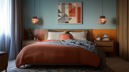 Modern bedroom interior design with bed pillows lighting and artwork