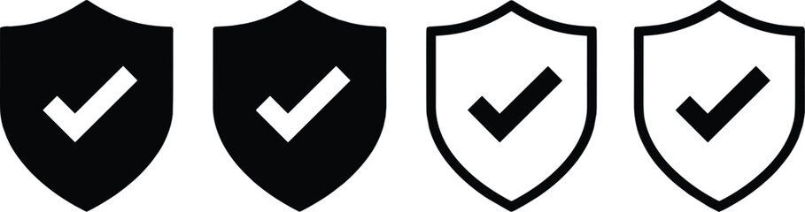 Shield check mark icon set security protection verification safety approval black and white outline solid vector © Vactor Itbd