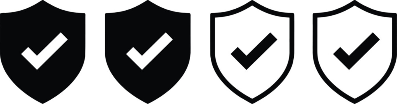 Shield check mark icon set security protection verification safety approval black and white outline solid vector
