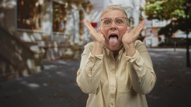 Middle aged woman with hands on cheeks and tongue out on city street wearing glasses and beige shirt, playful pose; silliness spontaneity joy.