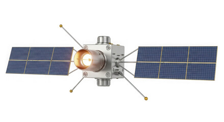 Space satellite with solar panels and antennae isolated on transparent background