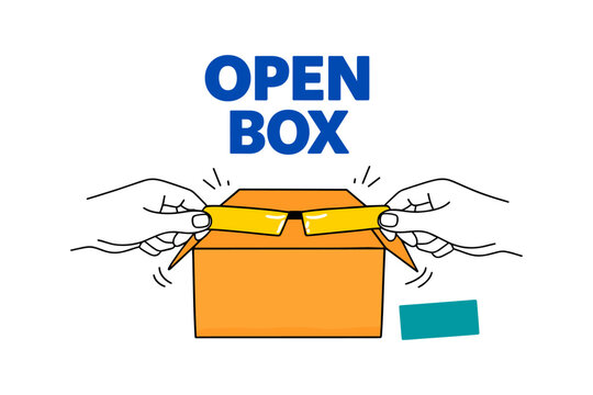 Hands opening an orange box with text open box on white background