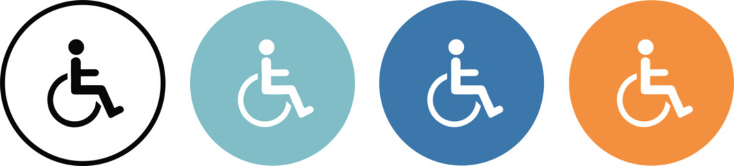 Wheelchair accessibility icons in colored circles showing disabled symbol for inclusive mobility healthcare signage design