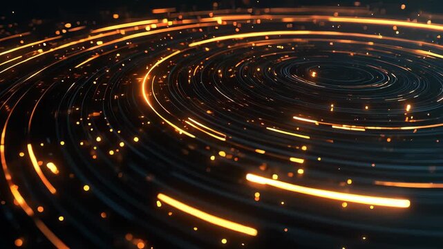 Glowing golden light trails forming a swirling abstract spiral on dark background for futuristic digital design and motion graphics