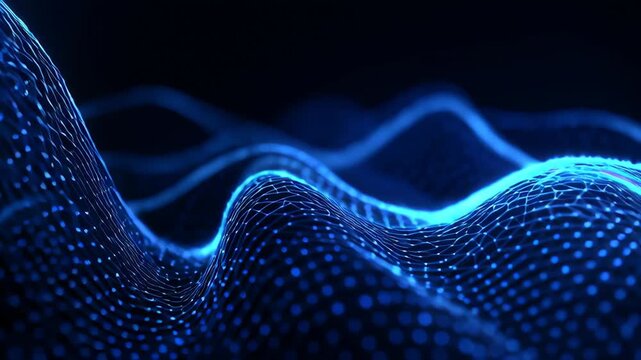 Glowing blue digital wave made of dots and lines forming a futuristic abstract background for technology visuals and motion graphics