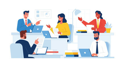 Office Workers Collaborating and Using Laptops.