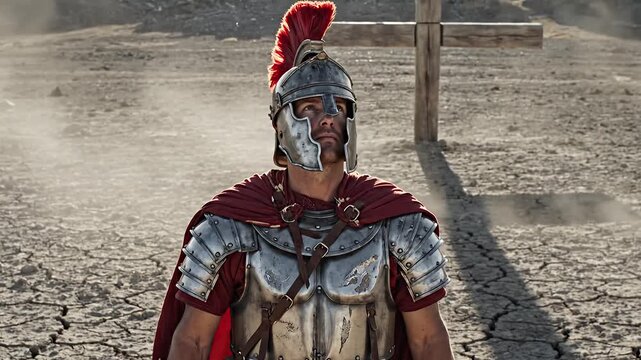 Roman Centurion Standing on Barren Ground with Symbolic Cross Shadow
