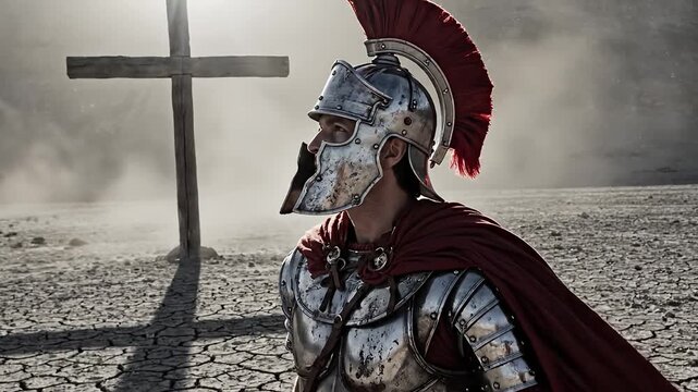 Historical Roman Soldier in Full Armor Under Dramatic Shadow of a Cross
